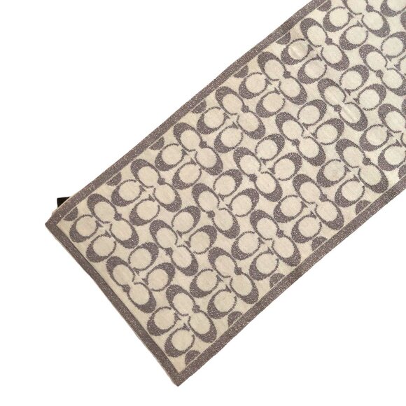 COACH Classic Silver & Cream Monogram C Logo Wool Blend Pre-owned Scarf - Picture 8 of 13